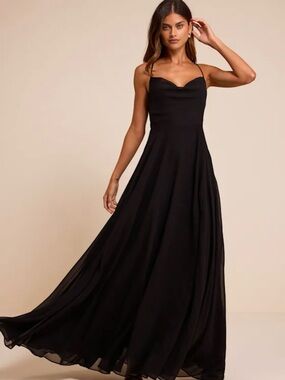 Lulus Romantically Speaking  Elegant Black Spaghetti-Strap Maxi Dress Sz L nwot
